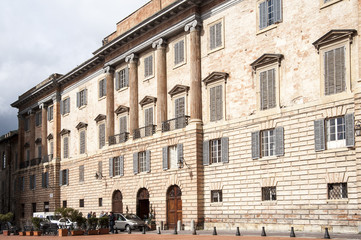 Gubbio, Perugia, Italy -  Piazza Grande, in Gubbio, architectural details of the ancient palaces