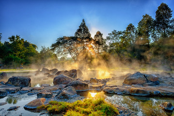 Morning fog over hot spring at Chae Sorn National Park, Thailand
