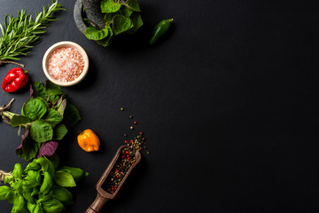 Mix of fresh herbs and spices. Top view