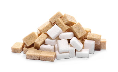 Brown cane and white sugar cubes isolated on white background