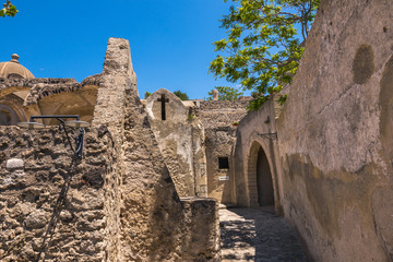 A summer day visiting Aragonese Castle and looking toward Capri and Vesuvi Ischia Ponte, Ischia, Phlegrean Islands, Tyrrhenian Sea, Italy, South Europe