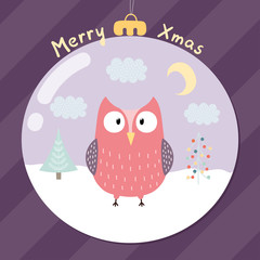Merry Xmas greeting card with a cute owl inside a glass ball. Christmas postcard. Vector illustration