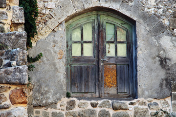 Medieval facade of house in old city, Rhodes Greece.