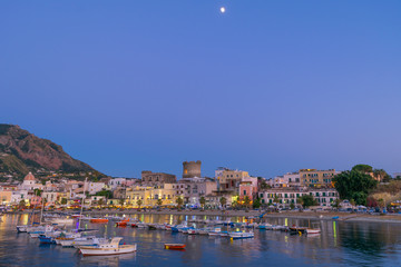 Panoramic view of Forio at sunset, Soccorso Church, Ischia, Phlegrean Islands, Tyrrhenian Sea,...