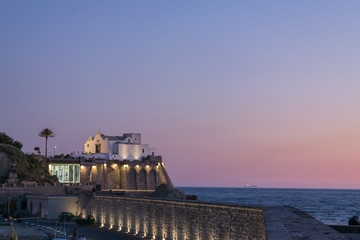 Panoramic view of Forio at sunset, Soccorso Church, Ischia, Phlegrean Islands, Tyrrhenian Sea, Italy, South Europe