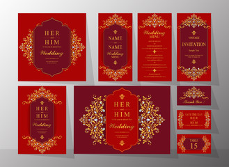  Wedding Invitation card templates with gold patterned and crystals on background color.
