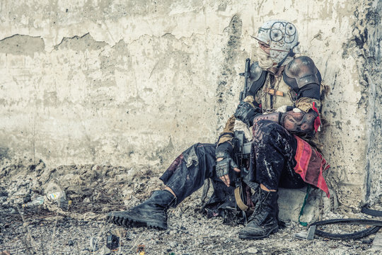 Post apocalyptic survivor creature with homemade weapons