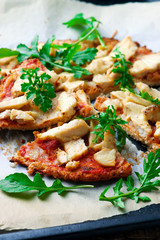 BBQ Chicken Cauliflower Crust Pizza.. Top view. selective focus