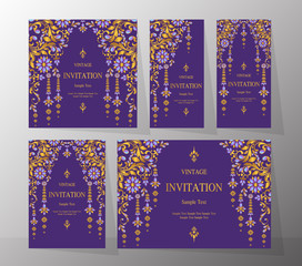 Wedding Invitation card templates with gold patterned and crystals on background color.