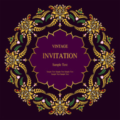  Wedding Invitation card templates with gold patterned and crystals on background color.