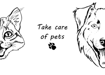 pet, portrait of dog and cat, template for advertising, bills, ads, black and white vector illustration