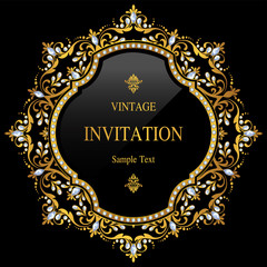  Wedding Invitation card templates with gold patterned and crystals on background color.