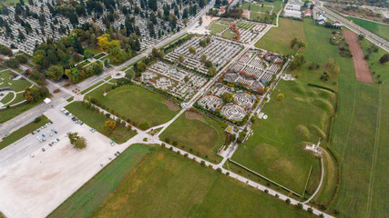 Aerial view of a cemetery.