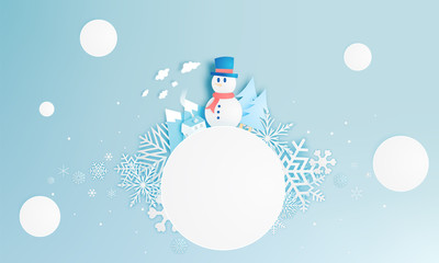 Snowman and Winter landscape with paper art style and pastel color scheme
