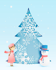 Snowman and Cute girl with snow flake in paper art style