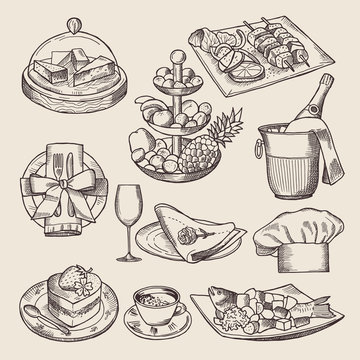 Different pictures for restaurant menu in retro style. Vector hand drawn illustrations