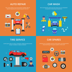 Colored banners set of concept illustrations of car services. Automobile washing and wheels repair