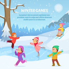 Kids playing in winter games on playground. Outdoors cartoon illustration