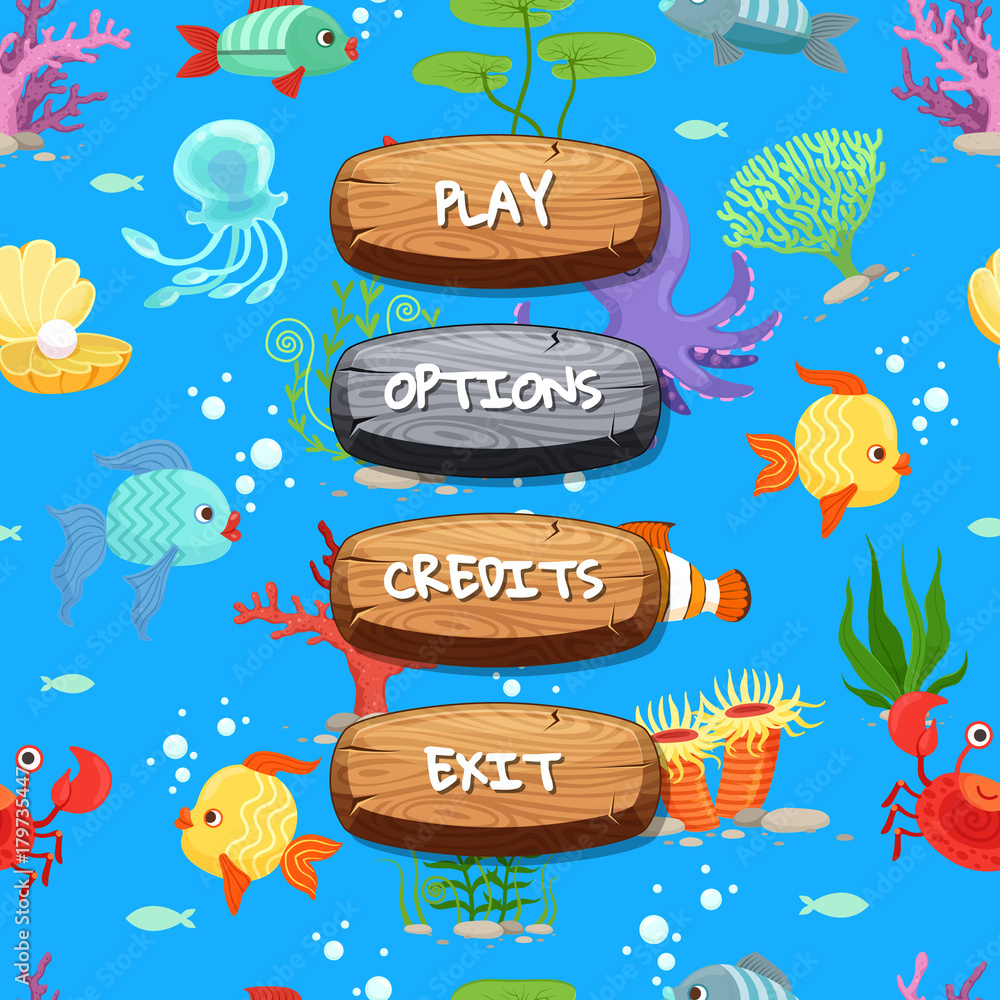Poster Vector cartoon style wooden enabled and disabled buttons with text for game design on sealife texture background