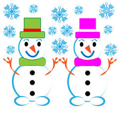 Snowmans with snowflakes isolated on white background.