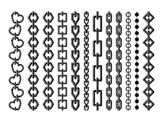 Silhouette of different steel chains isolate on white. Vector monochrome seamless set