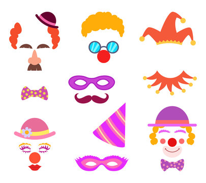 Scrapbook elements. Circus or party costumes and clown glasses and hairs