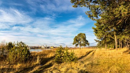 осенний пейзаж на замерзшей реке с деревьями на...