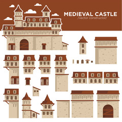 Medieval castle or royal fortress constructor of flat icons.