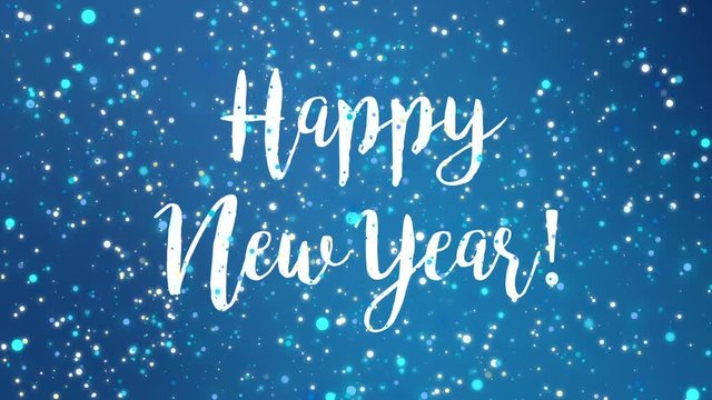 Sparkly Happy New Year greeting card video animation with falling snowflakes and colorful glitter particles flickering on blue background.