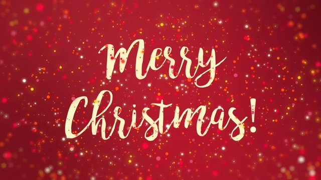 Sparkly Merry Christmas greeting card video animation with colorful glitter particles flickering on red background.