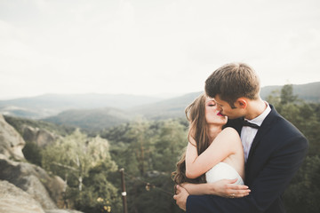 Beautiful wedding couple, bride and groom, in love on the background of mountains