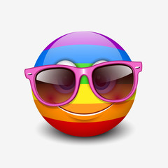 Cute emoticon wearing pink sunglasses isolated on white background with rainbow colors motive