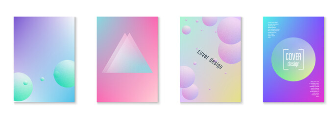 Holographic fluid set with radial circles. Geometric shapes on gradient background. Modern hipster template for poster, cover, banner, flyer, report, brochure. Minimal holographic fluid in neon colors