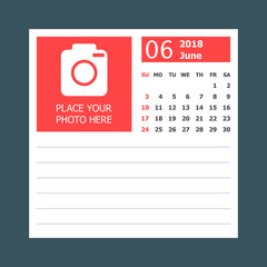 June 2018 calendar. Calendar planner design template. Week starts on Sunday. Business vector illustration.