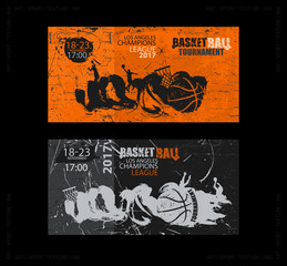 Set of basketball designs. Hand drawing, grunge style. A collection of sports banners, wall textures, flying ball, a sketch of players. EPS file is layered.