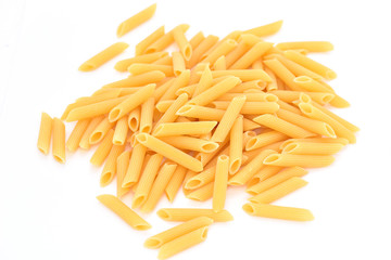 Macaroni on a white background. Products from flour. Varied macaroni. Isolated pasta.