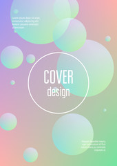 Fluid poster with round shapes. Gradient circles on holographic background. Modern hipster template for placards, covers, banners, flyers, presentations, annual. Minimal fluid poster in neon colors.