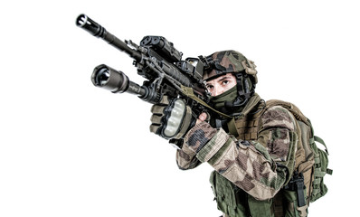 Paratrooper of french 1st Marine Infantry Parachute Regiment RPIMA studio shot firing pointing...