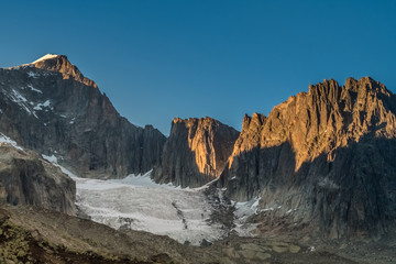 The Rhône Glacier in the Swiss Alps and the source of the river Rhône and one of the primary contributors to Lake Geneva, Valais, Switzerland