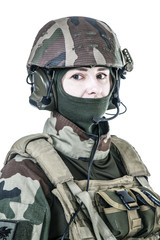 Female paratrooper of french 1st Marine Infantry Parachute Regiment RPIMA studio shot