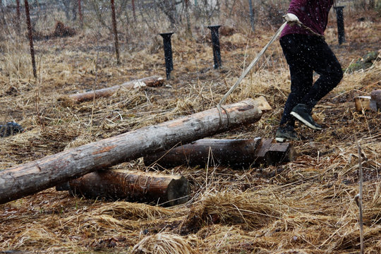 worker drags the log to the assembly site of a wooden house. Russia