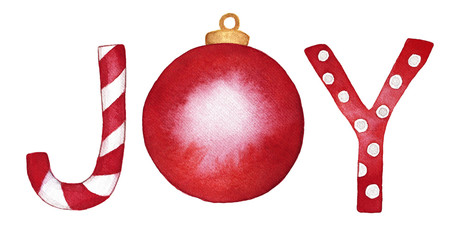 Word "Joy" inscription in red color. Letters in form of candy cane and christmas tree toy ball. Holiday cheer and celebration spirit. Hand drawn watercolor illustration, isolated on white background.