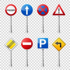 Road signs collection isolated on transparent background. Road traffic control.Lane usage.Stop and yield. Regulatory signs.