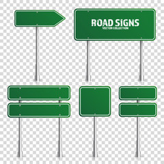Road green traffic sign. Blank board with place for text.Mockup. Isolated on transparent background information sign. Direction. Vector illustration.