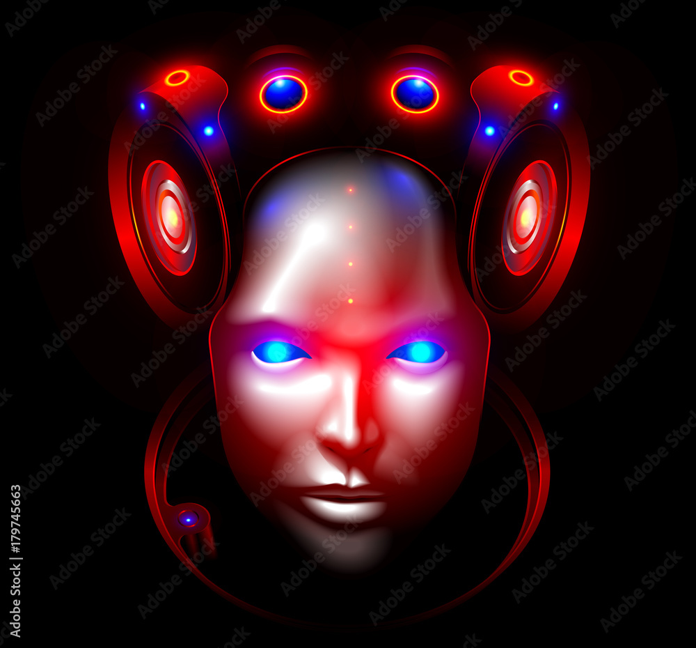 Poster Robot woman face or head front view. Artificial intelligence, Artificial intelligence looks seriously into the eyes, Plastic humanoid mask hides the artificial brain. Future concept