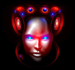 Robot woman face or head front view. Artificial intelligence, Artificial intelligence looks seriously into the eyes, Plastic humanoid mask hides the artificial brain. Future concept