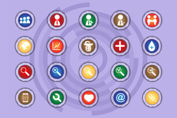 A set of icons on colored buttons with transparent elements. Part 10