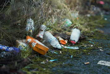 london, engalnd, 05/05/2017, Street litter fly tipping on the streets. Food waste and non recyclable food and product waste packaging discarded in urban areas.