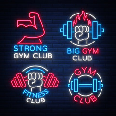 Fototapeta premium Set of logo signs on fitness theme, bodybuilding in neon style isolated, vector illustration. Glowing banner, a bright neon sign, a night advertisement of a fitness club, a sports hall, a sports club