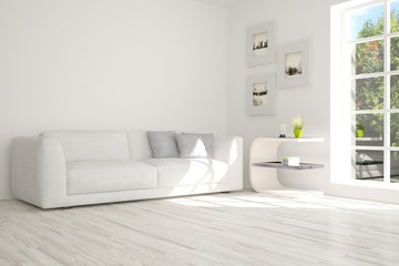 Idea of white room with sofa and summer landscape in window. Scandinavian interior design. 3D illustration